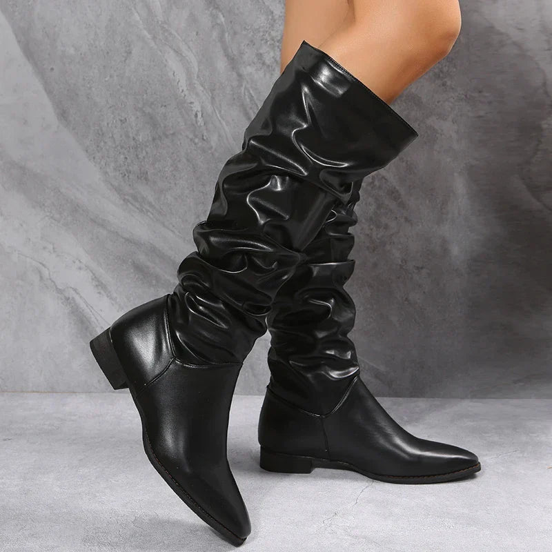 Berg-Feldt | Knielange Punk-Stil Falten Pu-Leder Stiefel