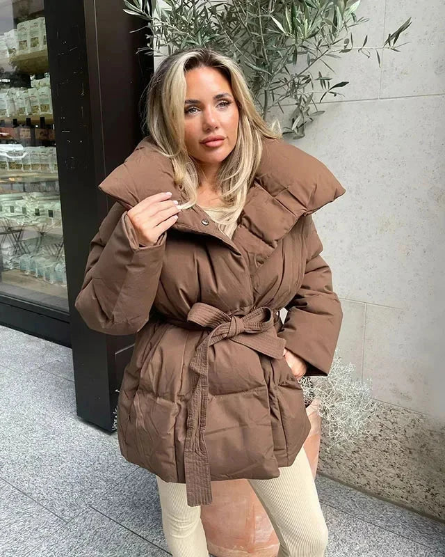 Berg-Feldt | jack mit Gürtel für Damen - warmer brauner Jacke mit oversized Kragen