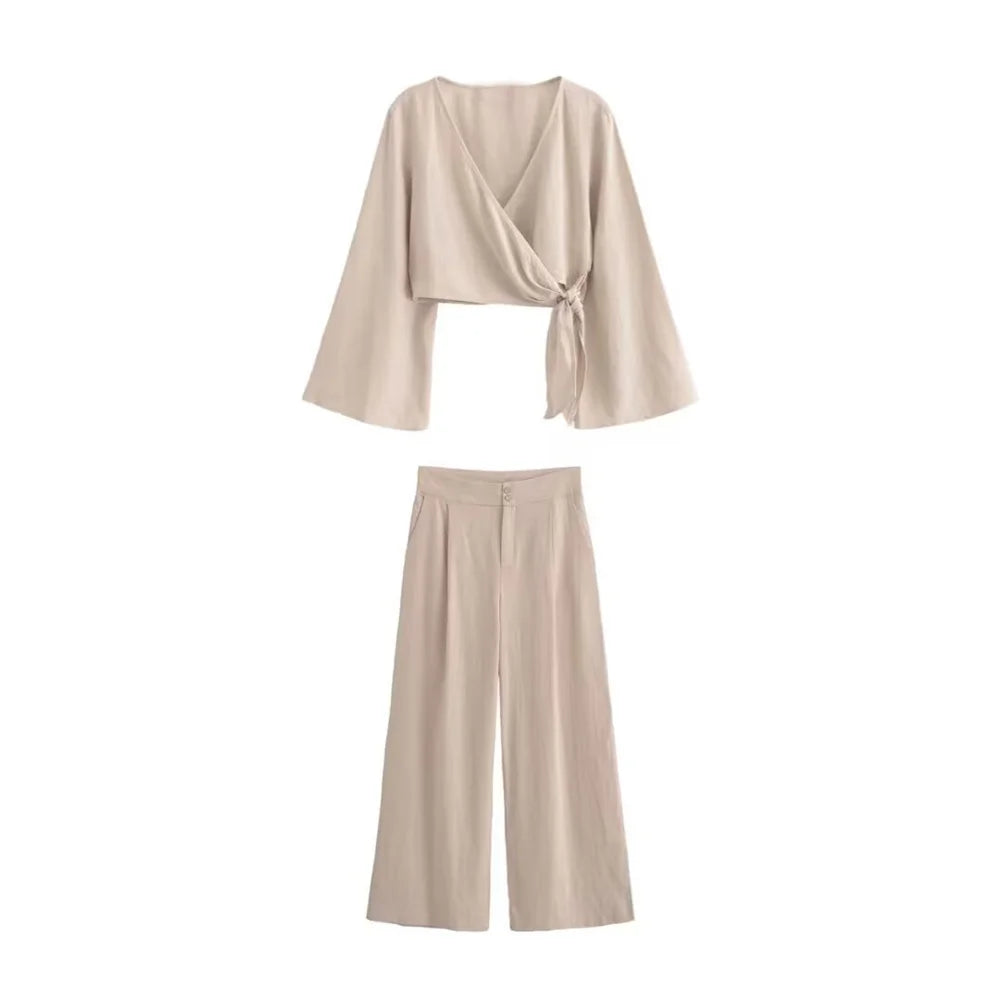 berg-feldt Top and Trousers Set: Wrap-Style Short & Long Sleeve, V-Neck, Wide Leg, Summer