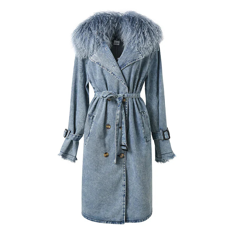 Berg-Feldt | Lange Denimjacke mit Kunstfell Baumwollmix Modern und Elegant