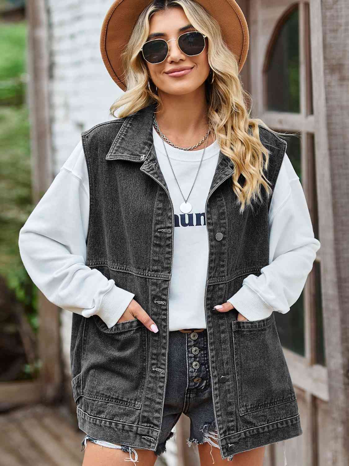 Berg-Feldt | Knopf-Front Ärmellose Jeansjacke