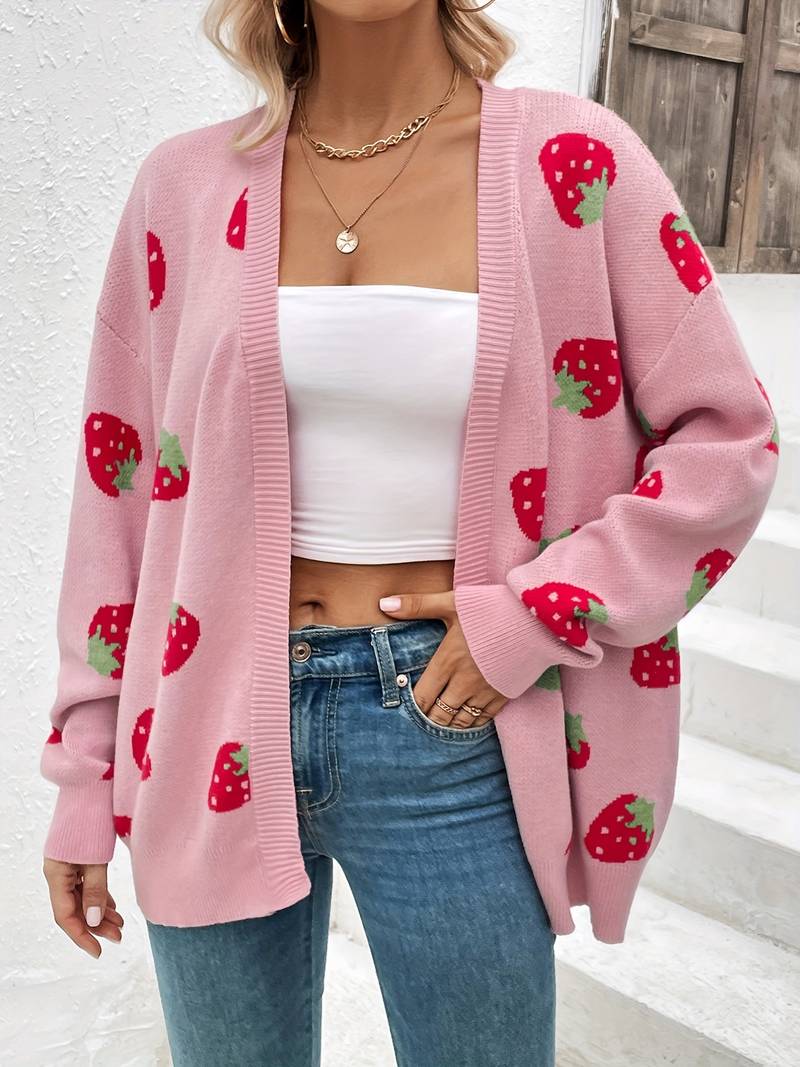 Liora: Cardigan tendance couleur fraise, coupe ouverte, idéal pour le printemps.