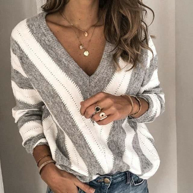 Berg-Feldt | Pullover - Damen Herbst Gestreifter V-Ausschnitt Pullover