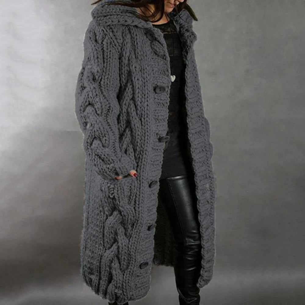 Berg-Feldt | Strickmantel - Oversized Fit - Wollmischung - Kabelmuster - Langes Modell - Kapuze
