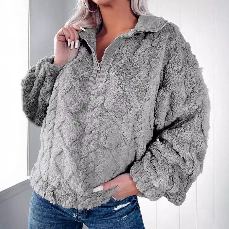 Berg-Feldt | Pullover Sweatshirt Plüsch Fleece Übergröße Fit Halber Reißverschluss Stehkragen