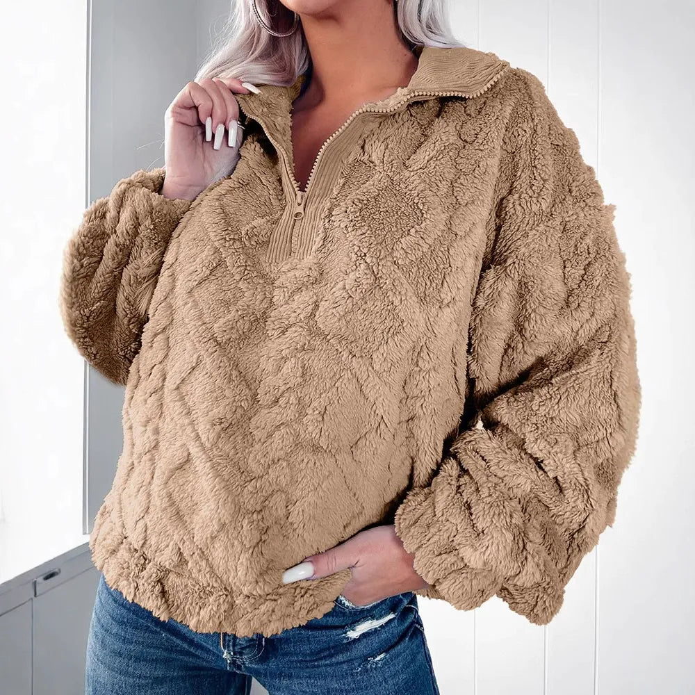 Berg-Feldt | Pullover Sweatshirt Kunstfell Lockere Passform Gepolstert Halber Reißverschluss Lange Ärmel