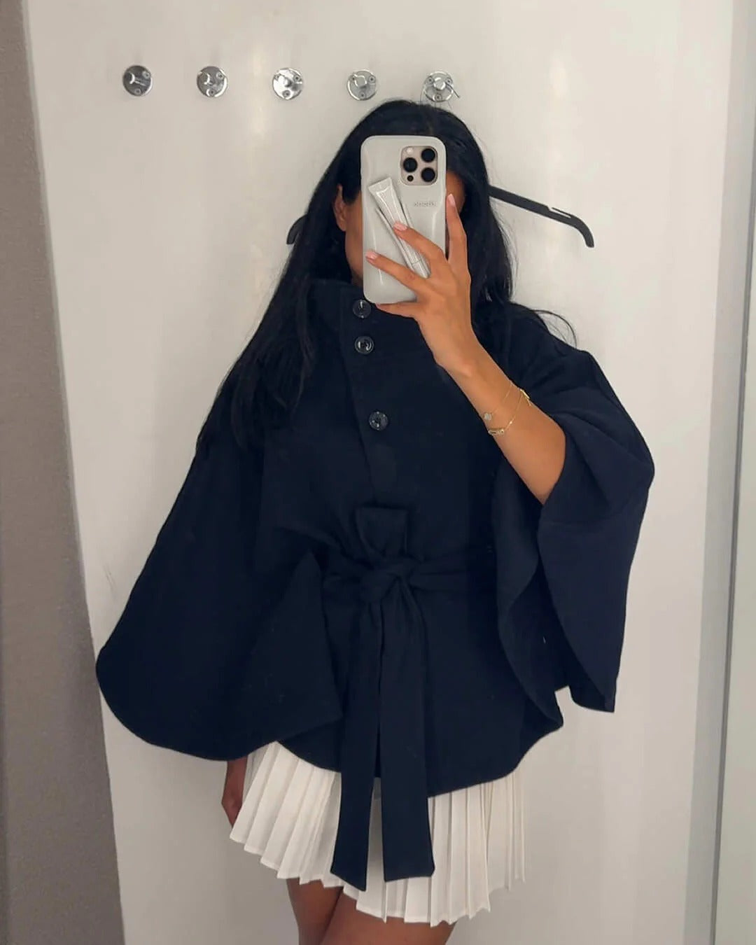 Berg-Feldt | Hochkragen Gürteltaschen Cape Jacke Knopf Umhängemantel