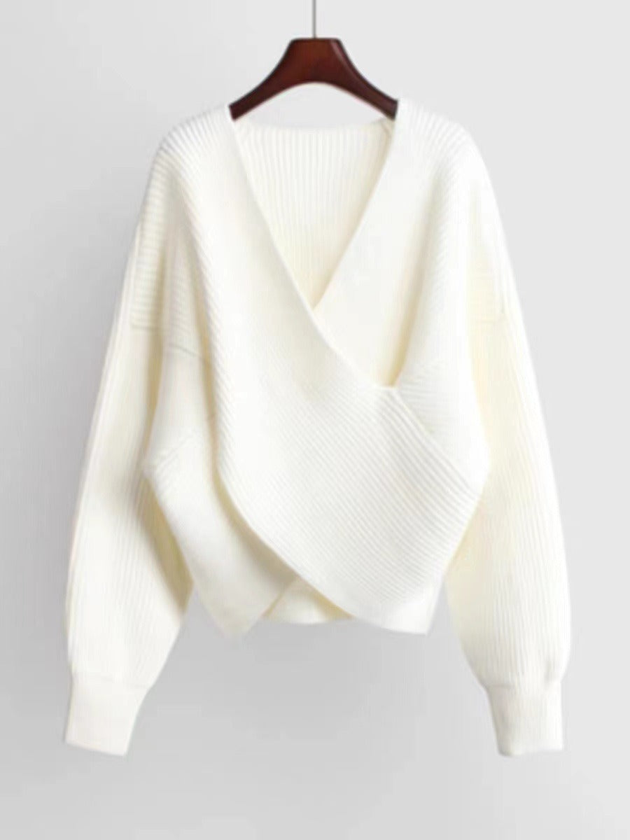 Berg-Feldt | Übergröße Sweatshirt Strickrib Textur V-Ausschnitt Ballonärmel