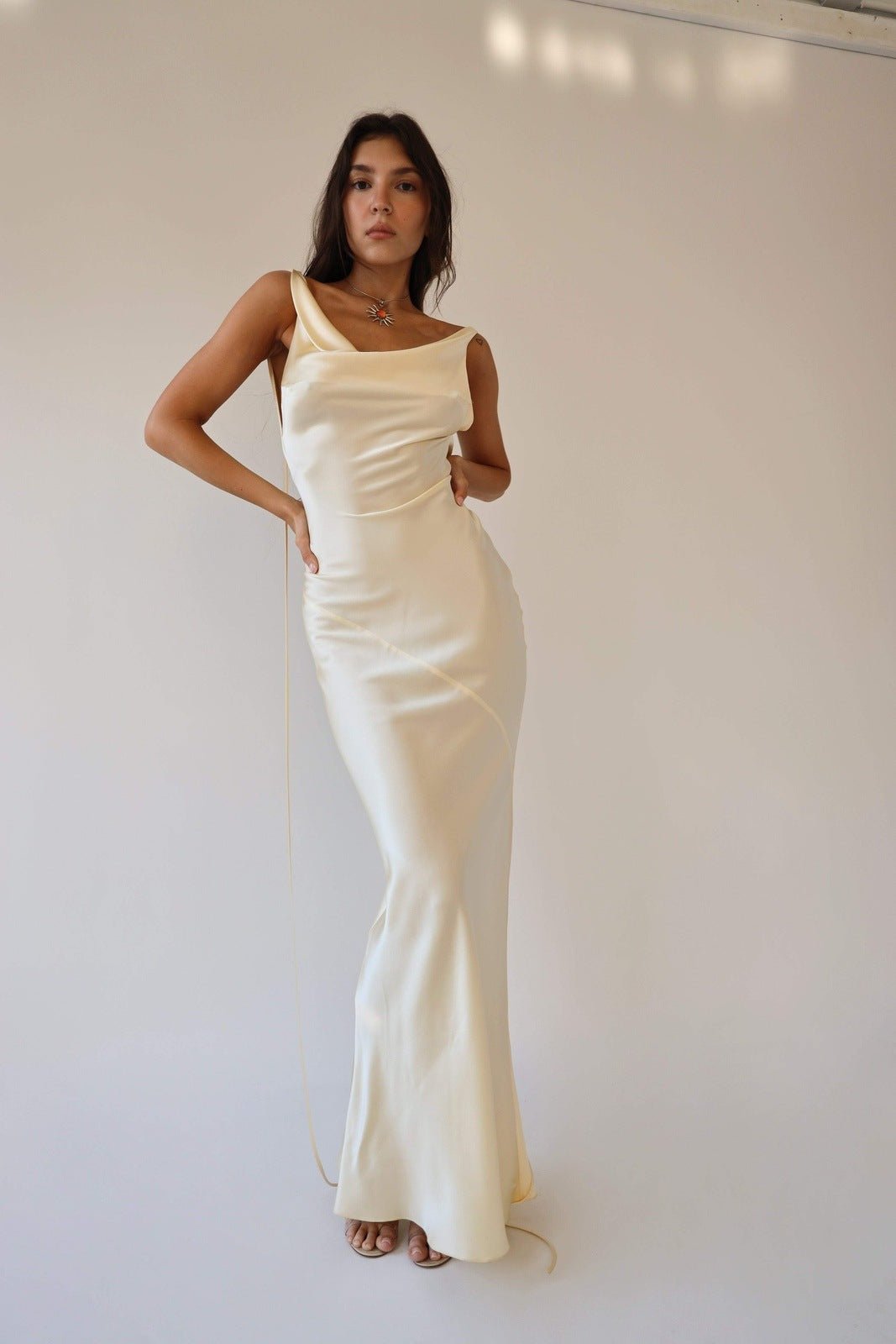 Berg-Feldt Satin Maxi Dress with Cowl Neck and Open Back