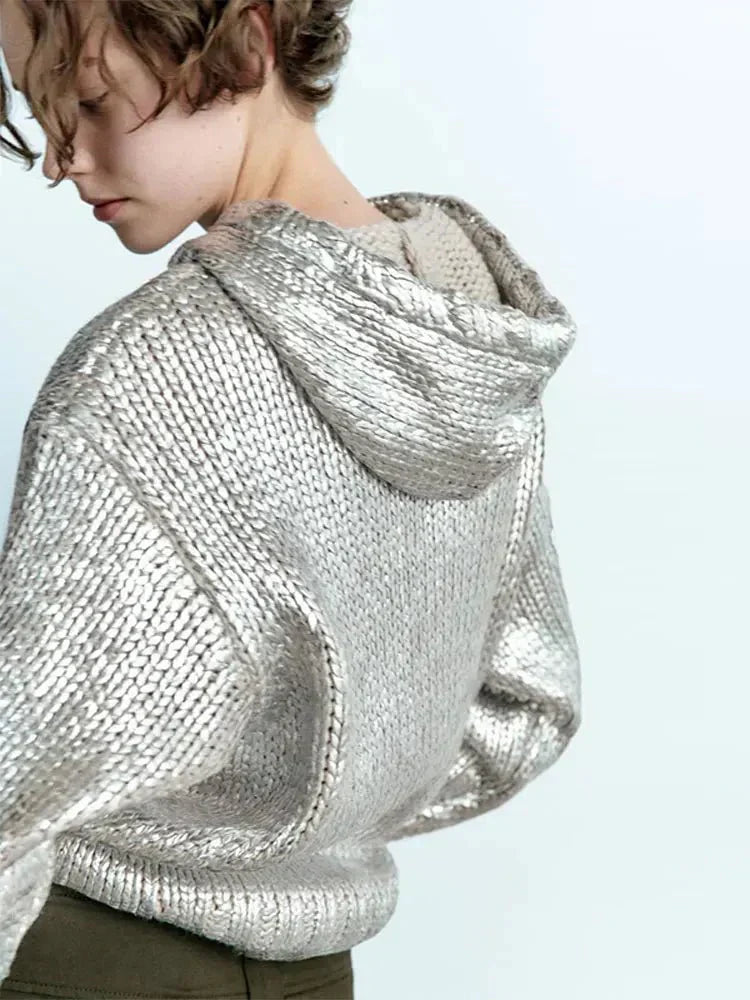 Berg-Feldt | Schicker Damen Kapuzenpullover mit Metallic Rippbesatz und Folie