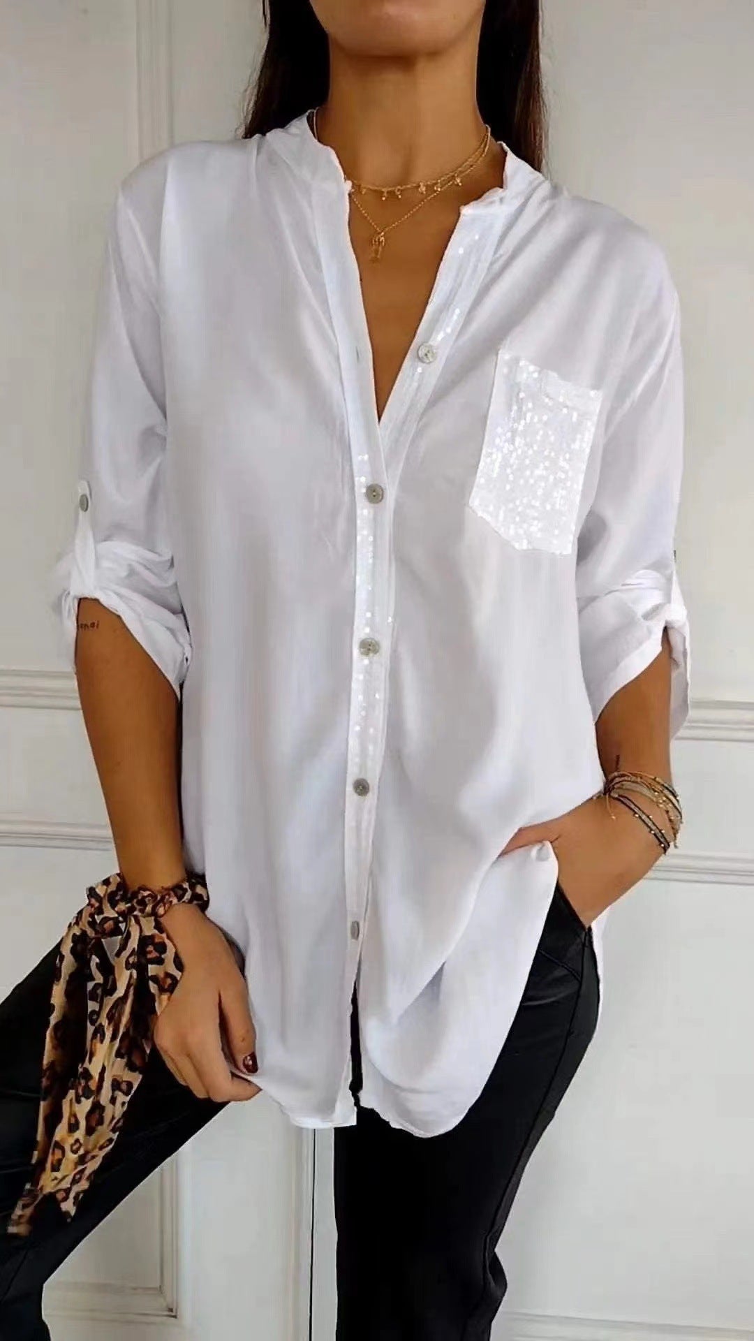 Chemise femme, décontractée, manches longues, avec poches à sequins