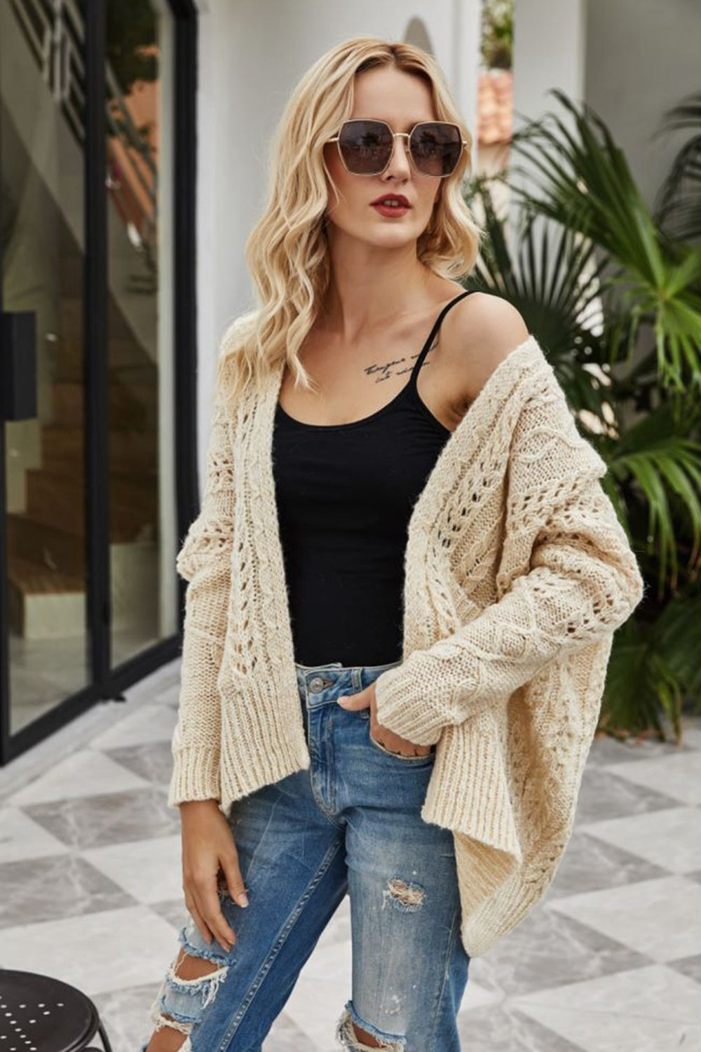 Berg-Feldt | Gerippter Besatz Offenes Strickjacke