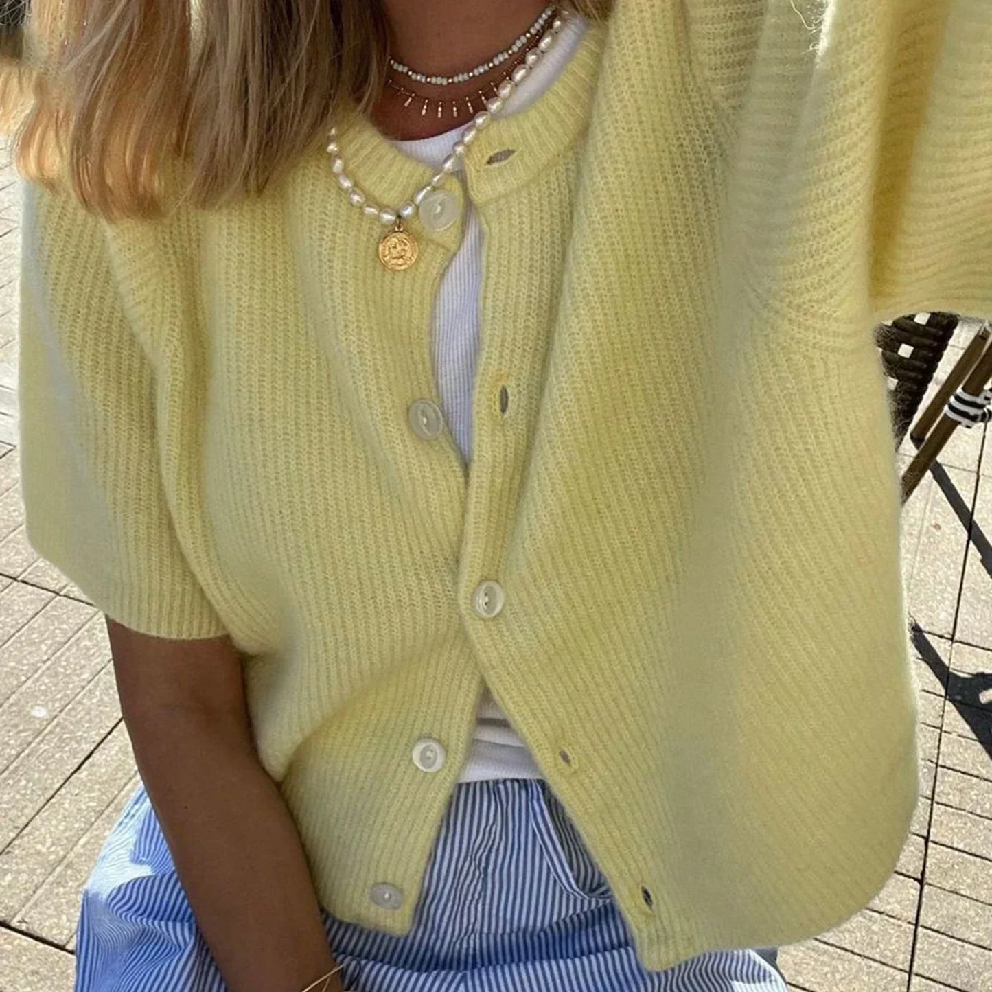 Mael Cardigan ras du cou en maille à manches courtes, style streetwear
