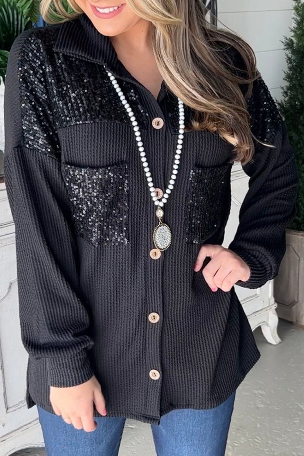Berg-Feldt | Gerippte Blusenjacke mit Pailletten-details Polyester-mischung Festlich und Trendy