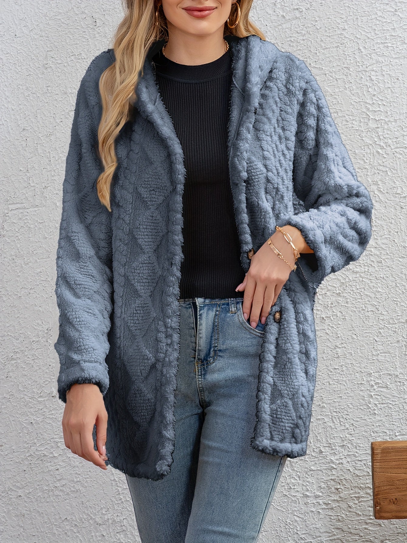 Berg-Feldt | Fluffy Kapuzenjacke mit Knöpfen Polyester Weich und Warm