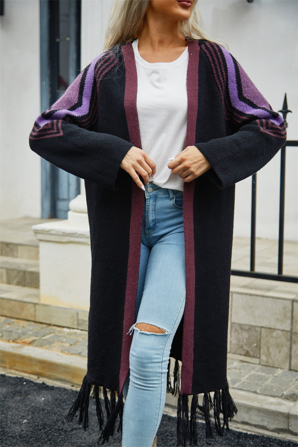 Berg-Feldt | Geometric Fringe Hem Offene Front Duster Cardigan