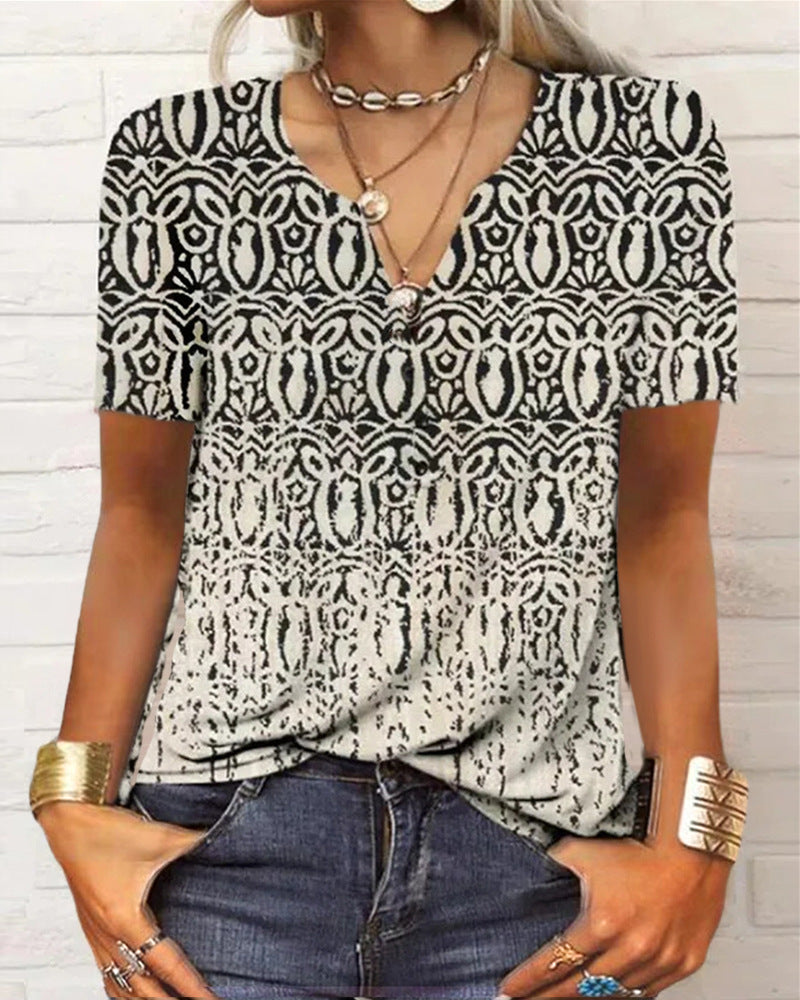 T-shirt à manches longues à fleurs et col en V ample Fudus pour femme