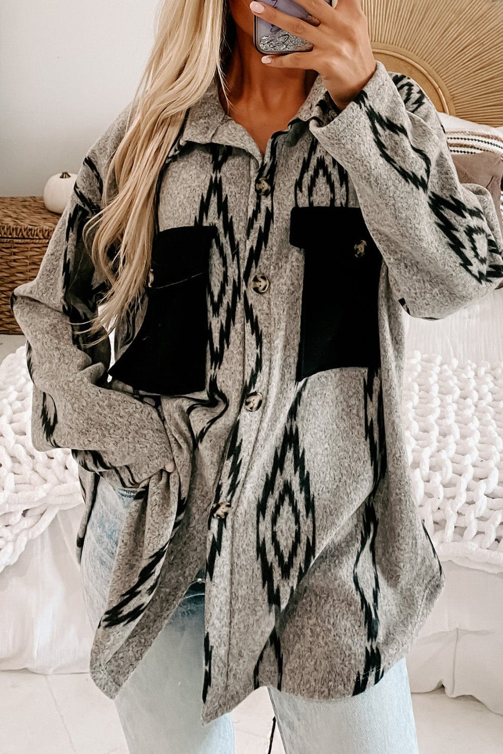 Berg-Feldt | Hemdjacke mit Aztekischem Druck Weiche Wollmischung Boho-chic Stil