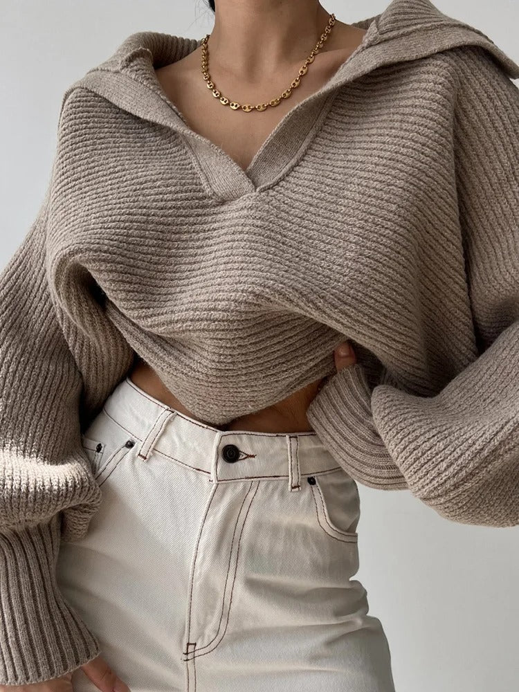 Berg-Feldt | Strickpullover mit Laternenärmeln und offenem Kragen