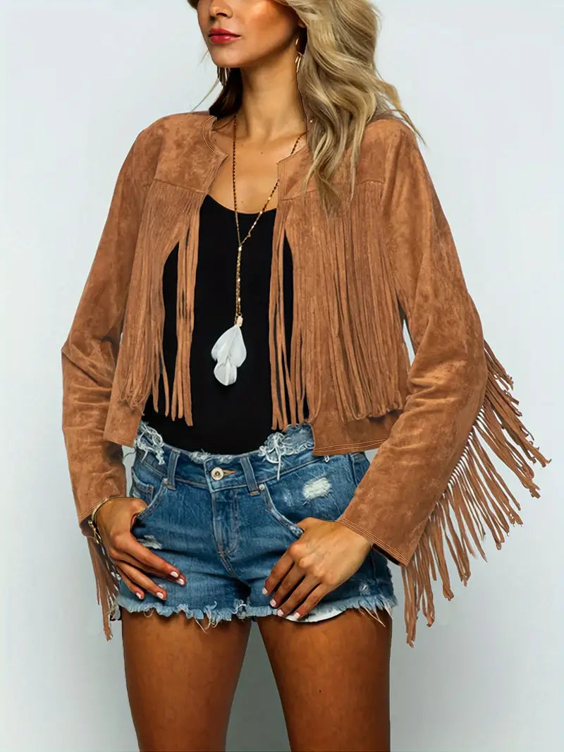 Berg-Feldt | Offene Jacke mit Fransen Saum Im Wildleder Look