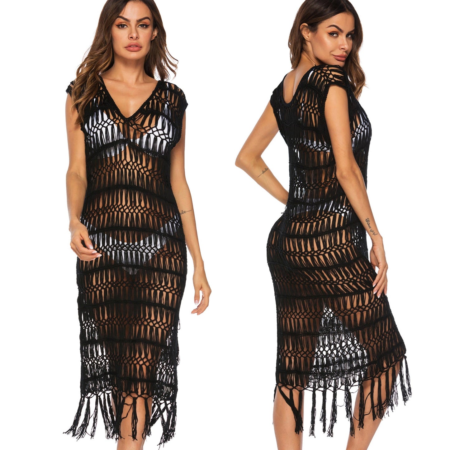 Maxikleid für Damen, gehäkelt, mit Fransen, Strandlook von berg-feldt