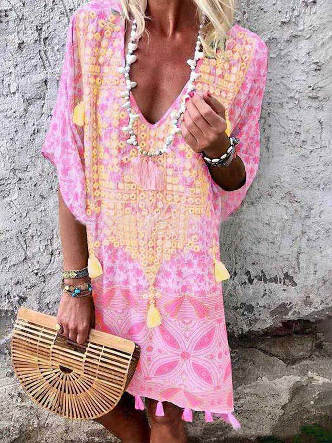 Kaftan bohème chic pour femme avec col en V et pompons de berg-feldt