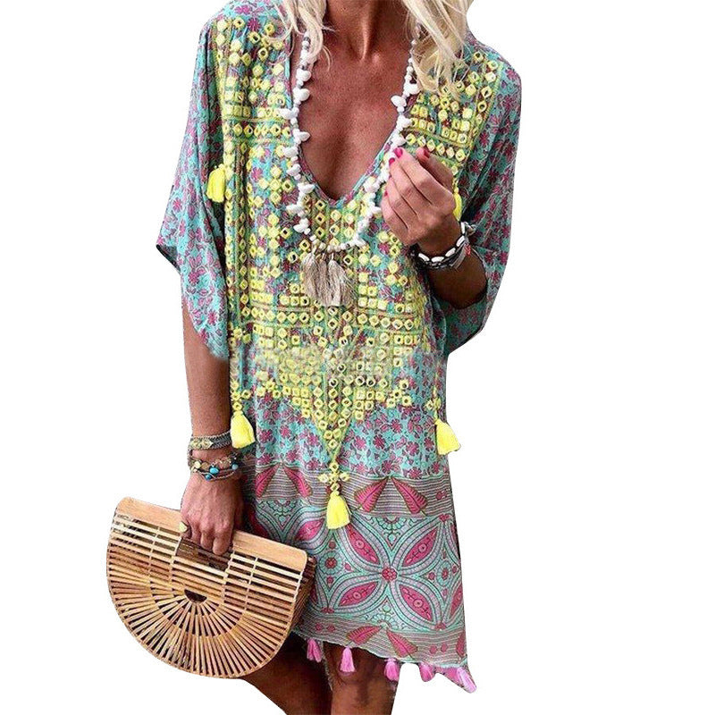 Kaftan bohème chic pour femme avec col en V et pompons de berg-feldt