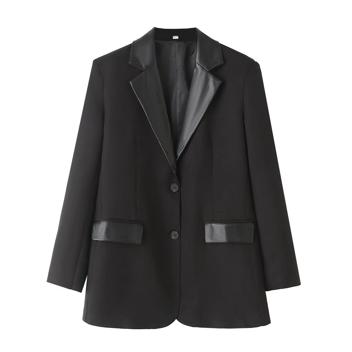 Blazer noir élégant avec détails en patchwork de cuir