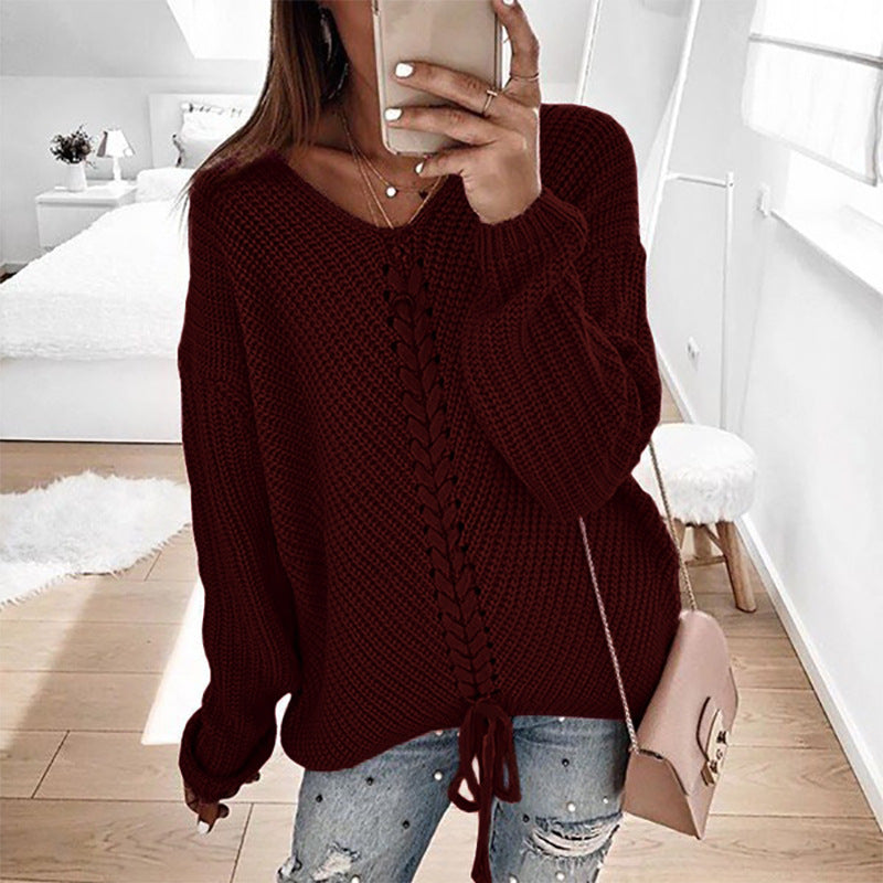 Pull en maille pour femme, grande taille, col en V profond avec cordon décoratif Berg-Feldt