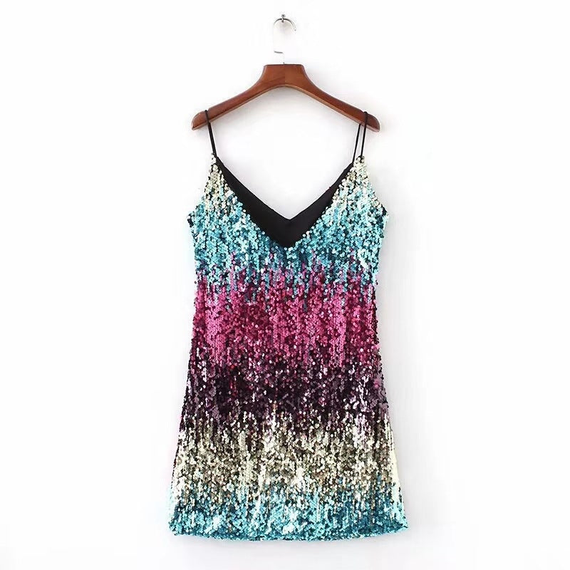 Berg-Feldt Mini-robe à paillettes scintillante pour femme avec fines bretelles spaghetti