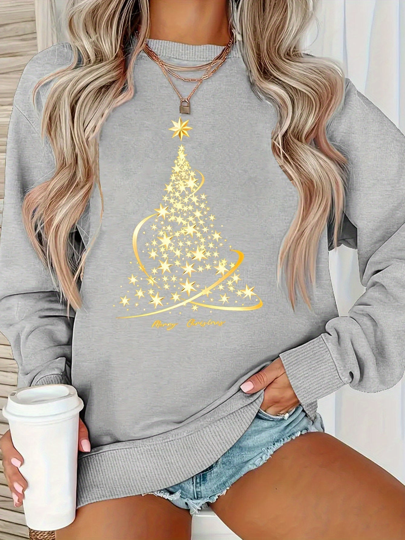 Berg-Feldt | Jul Sweatshirt mit Print Baumwolle Goldener Weihnachtsbaum Design