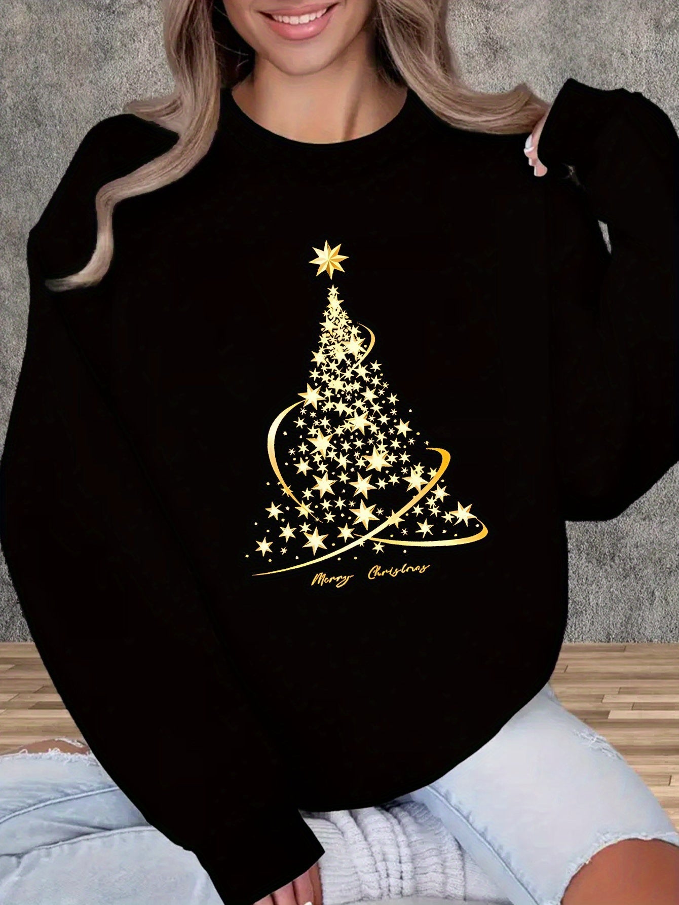 Berg-Feldt | Jul Sweatshirt mit Print Baumwolle Goldener Weihnachtsbaum Design