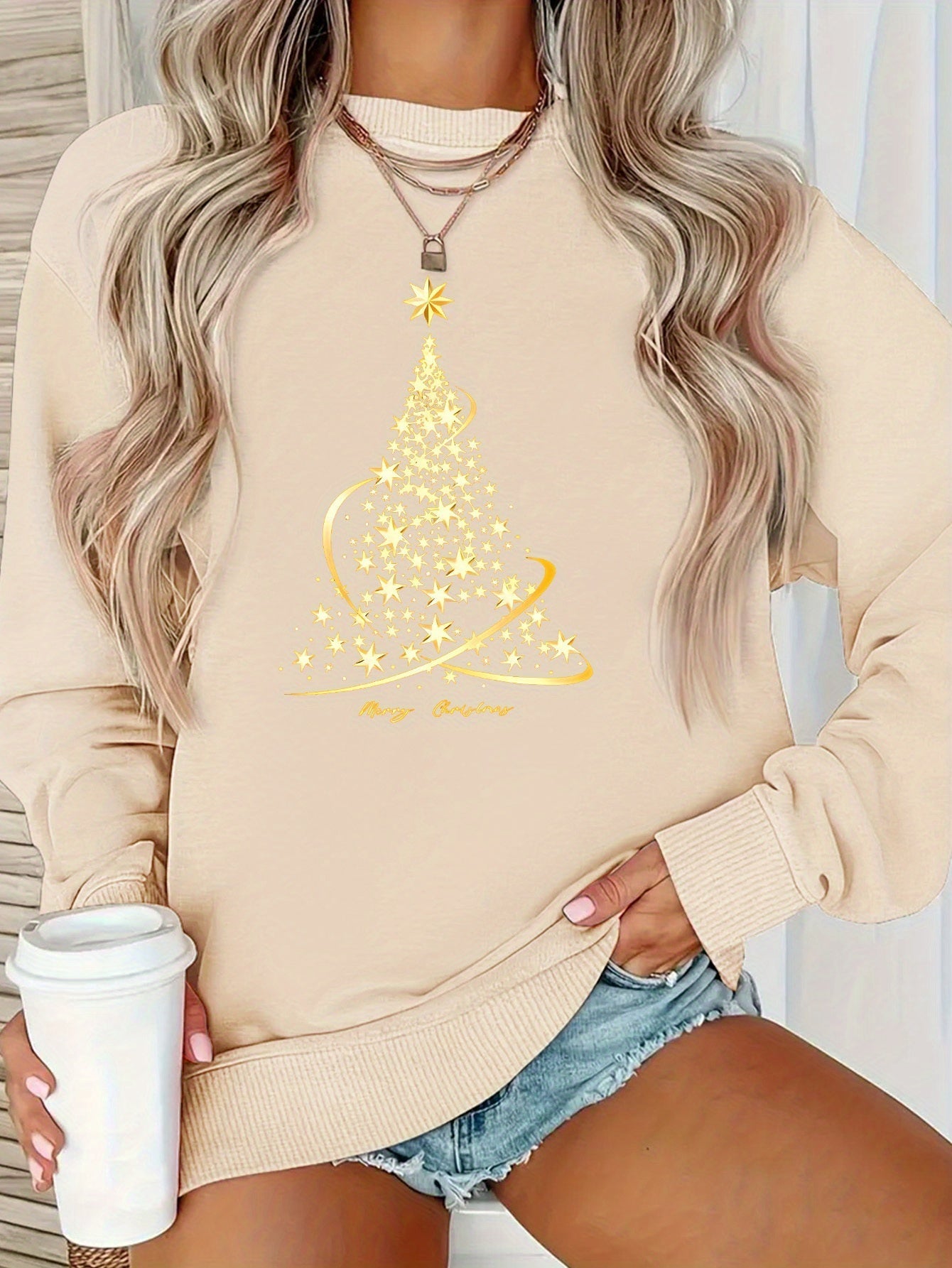 Berg-Feldt | Jul Sweatshirt mit Print Baumwolle Goldener Weihnachtsbaum Design
