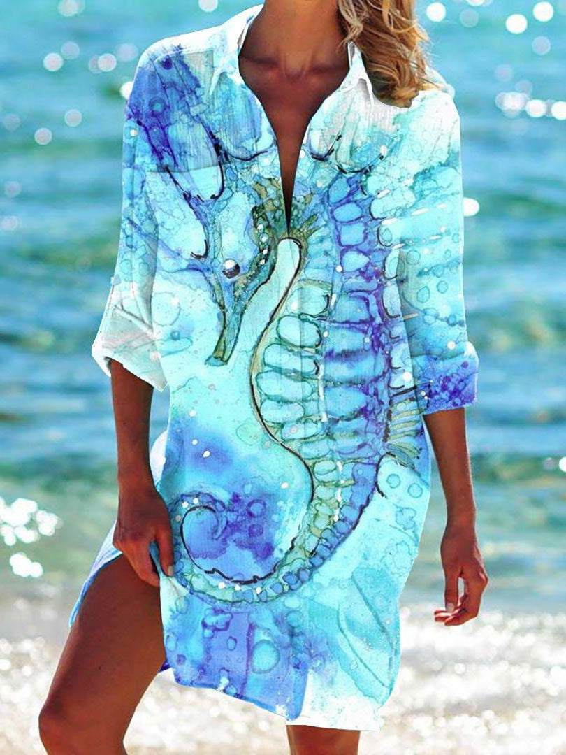 Strandkleid, Strickjacke, Badeanzug, Damenmode,  Fudus Print-Hemd für den Urlaub