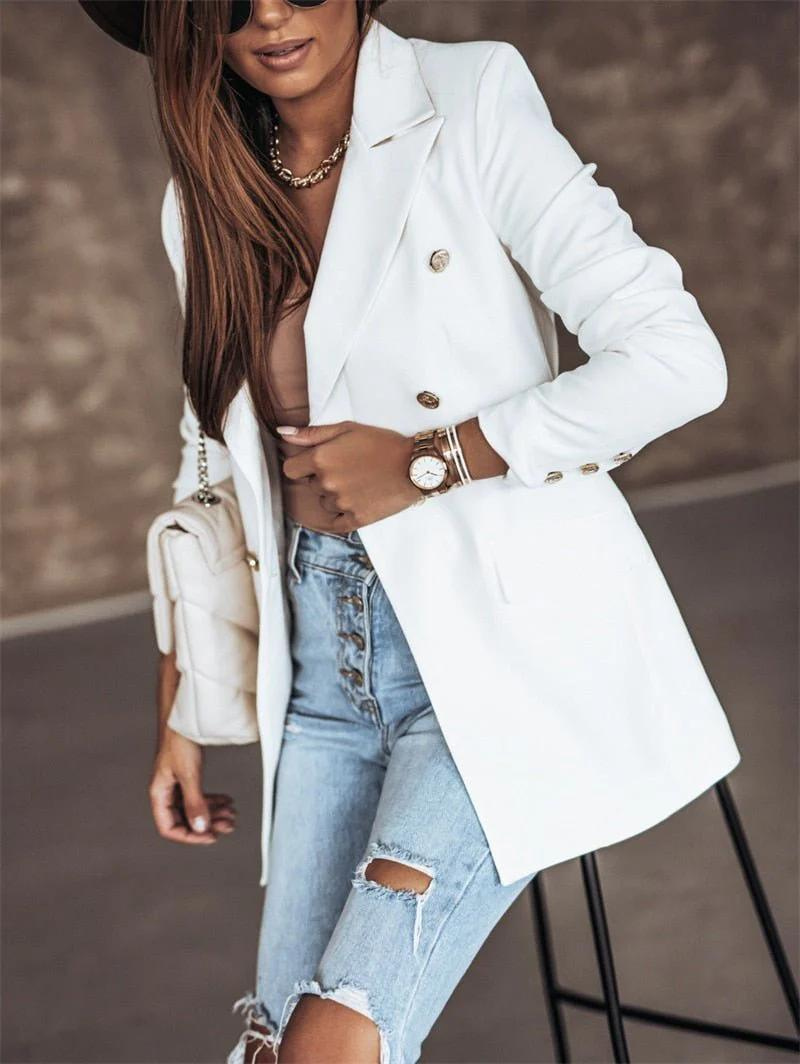 Schlanker Damen-Blazer mit Doppelknopfreihe und goldenen Knöpfen, lange Ärmel