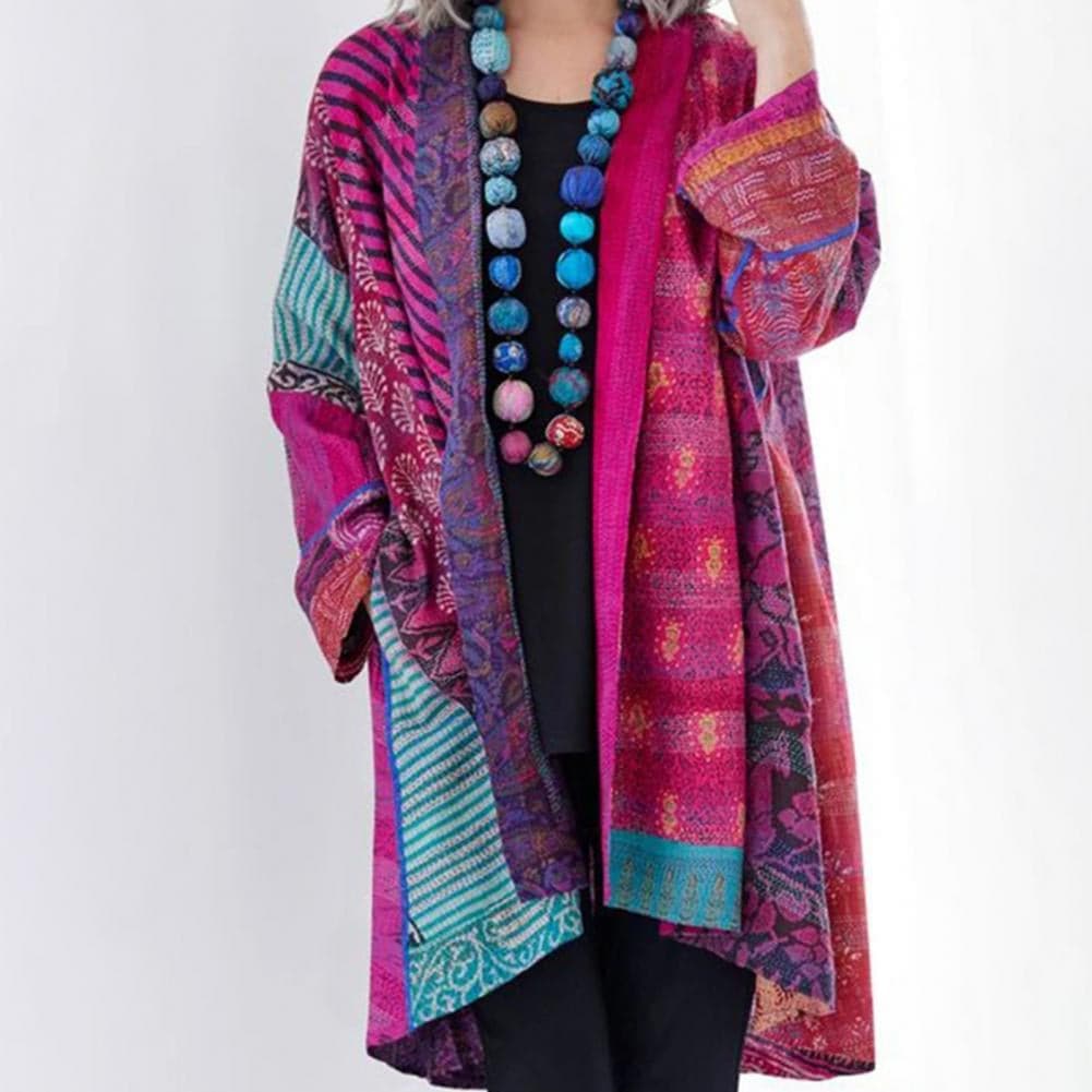Berg-Feldt | Kimono-Jacke - Bohemian-Patchwork-Design - Leicht und Luftig - Langärmlig Offene Vorderseite