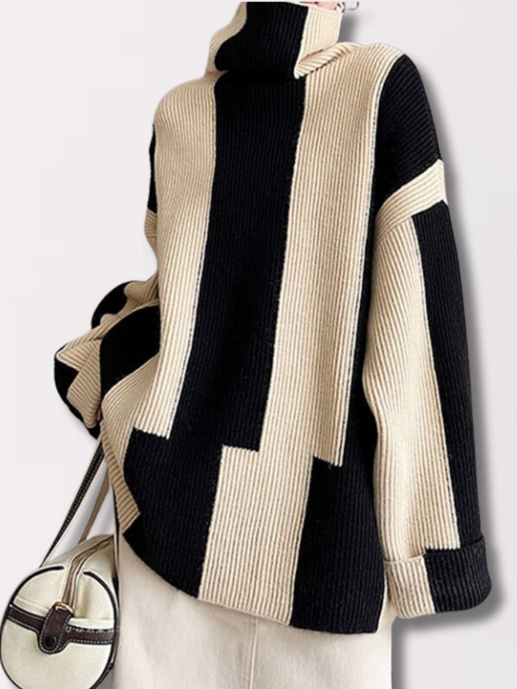 Berg-Feldt | Pullover - Damen Herbst Hochkragen Zweifarbiger Strickpullover - Berg-Feldt