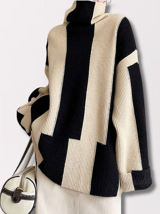 Berg-Feldt | Pullover - Damen Herbst Hochkragen Zweifarbiger Strickpullover - Berg-Feldt