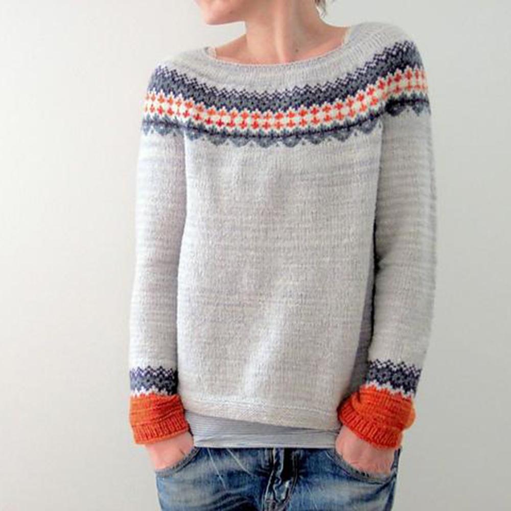 Berg-Feldt | Grau Strickpullover mit Farbenfrohem Muster Wollmischung Warm und Bequem