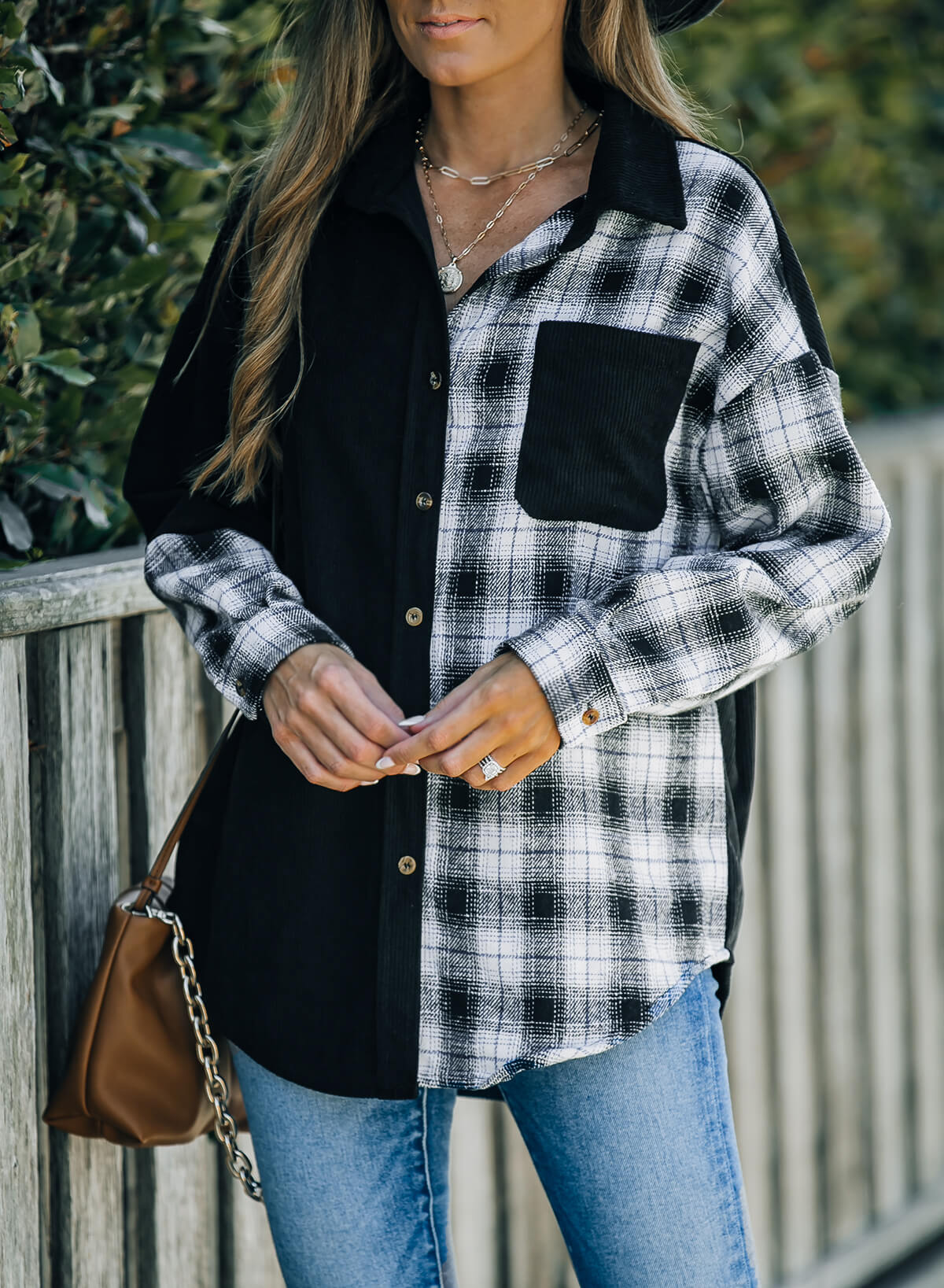 Berg-Feldt | Karierte Farbblock Gefallen Schulter Corduroy Shacket