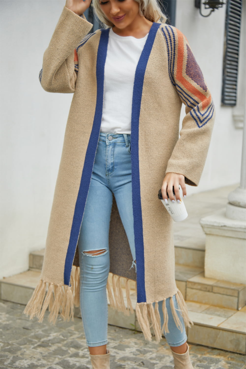Berg-Feldt | Geometric Fringe Hem Offene Front Duster Cardigan