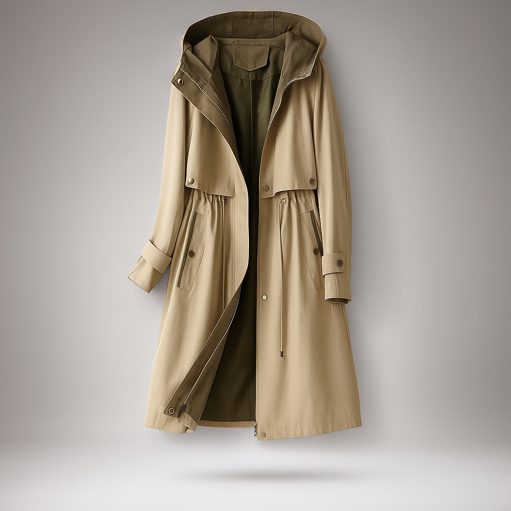 Berg-Feldt | Langer Trenchcoat für Damen mit verstellbarer Kapuze Isolde