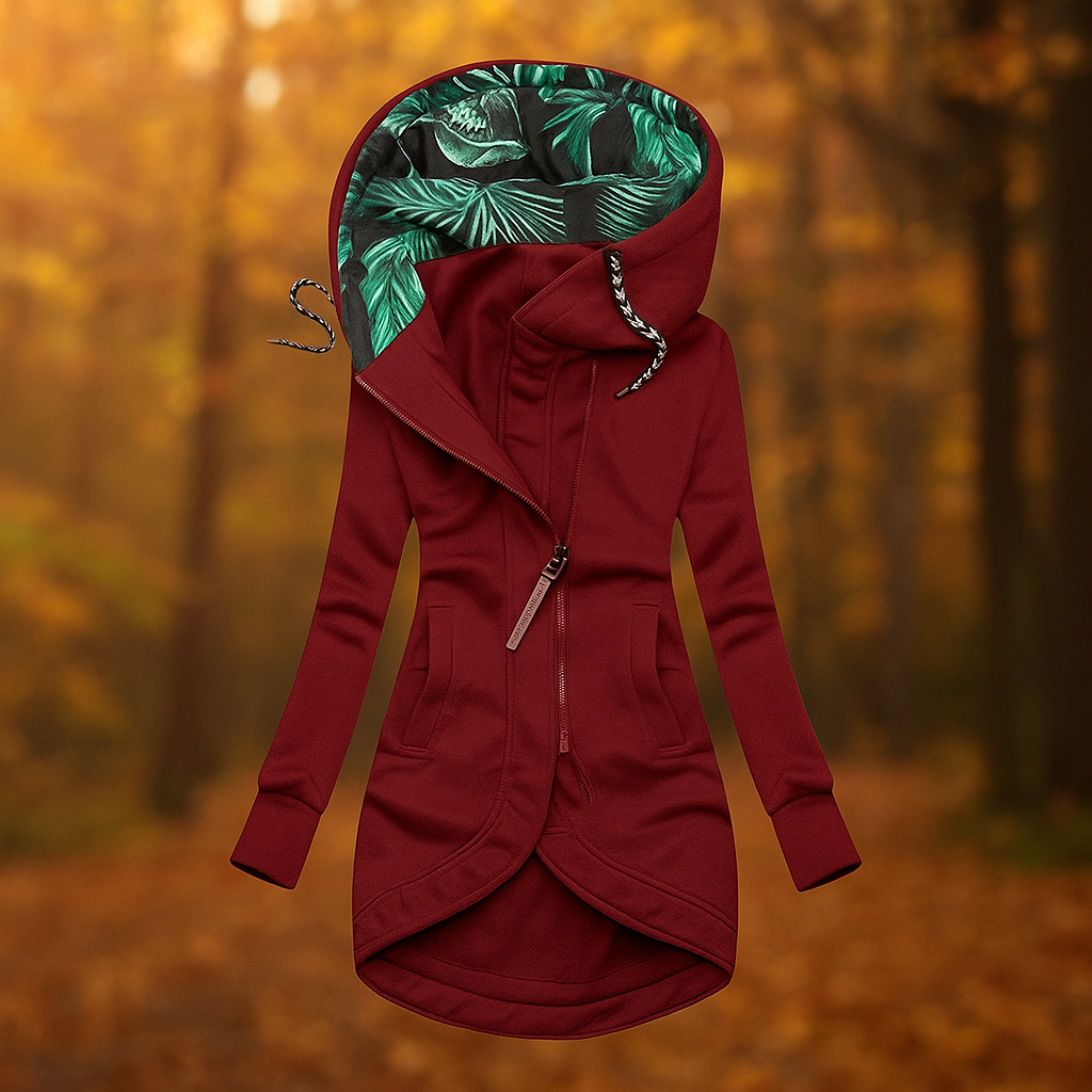 Berg-Feldt | Lange bedruckte Jacke mit Kapuze und asymmetrischem Design