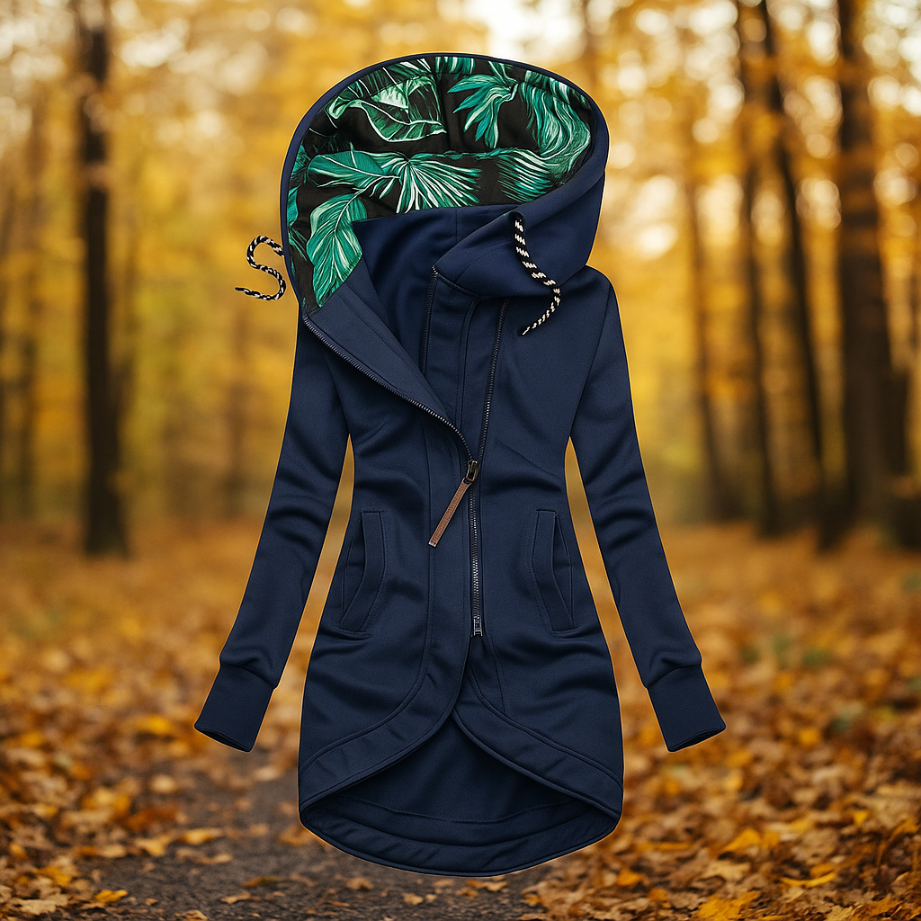 Berg-Feldt | Lange bedruckte Jacke mit Kapuze und asymmetrischem Design