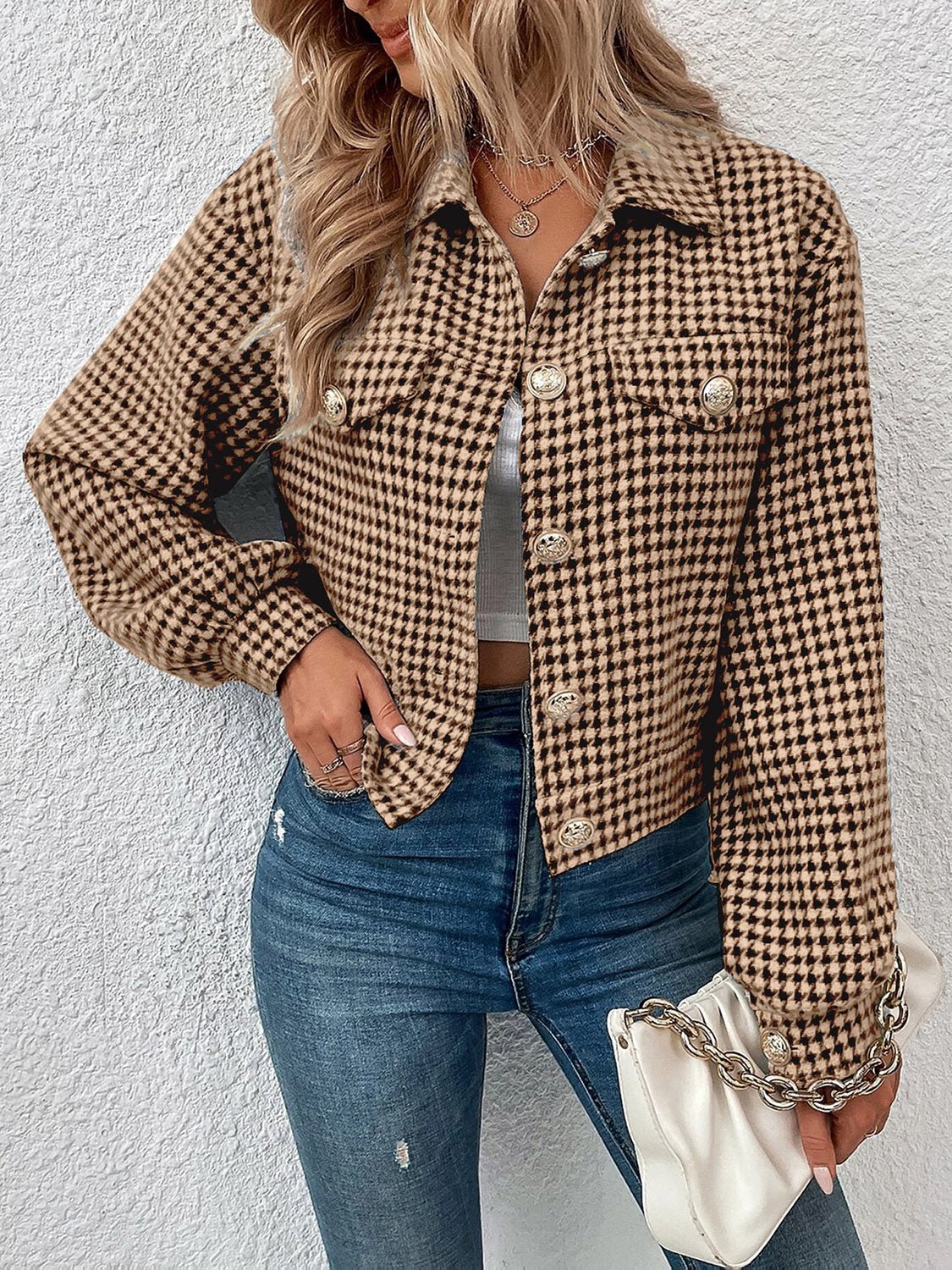 Berg-Feldt | Kurze Jacke mit Hahnentritt-muster Knopfverschluss Schick und Klassischer Stil