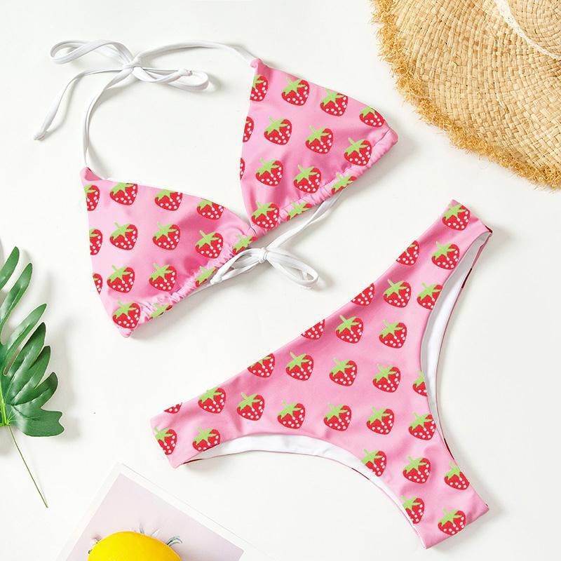 Ensemble de bikini pour femme motif fraise avec bretelles réglables, par berg-feldt