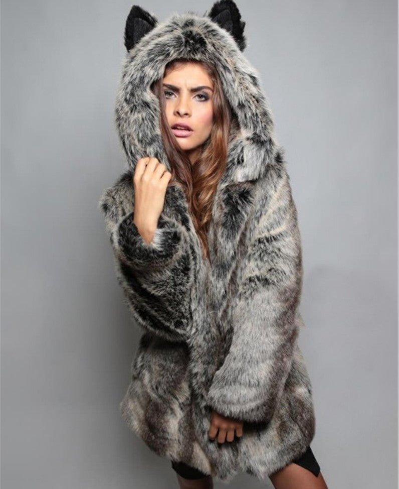 Manteau en fausse fourrure douillet à capuche et oreilles de chat pour femme Berg-Feldt