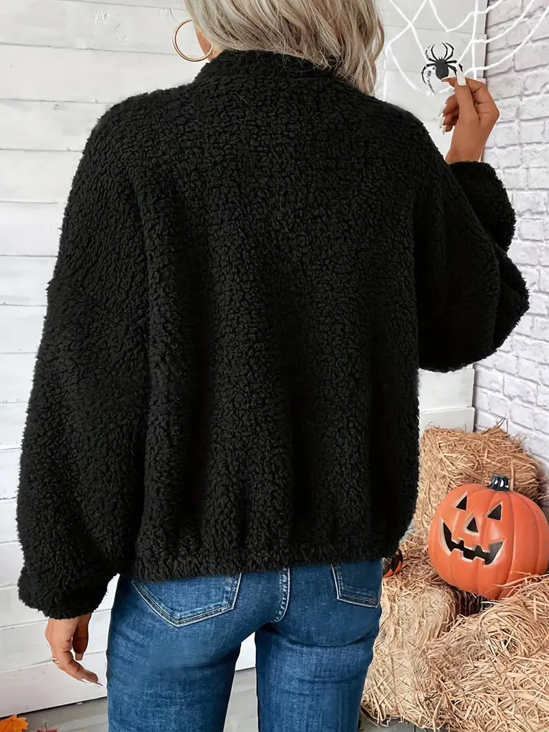 Manteau Sherpa unicolore Yuthan : fermeture éclair, manches longues, encolure plongeante