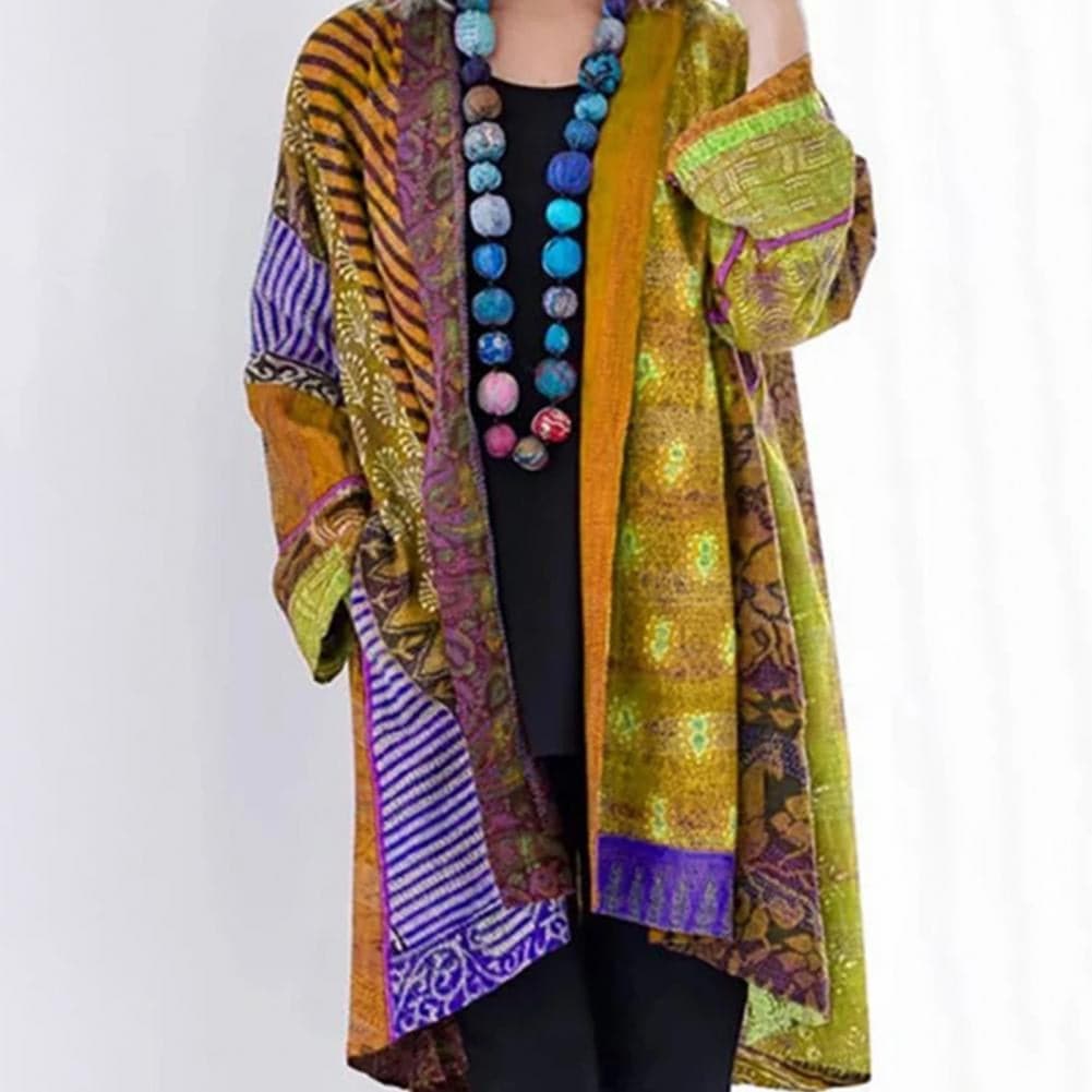 Berg-Feldt | Kimono-Jacke - Bohemian-Patchwork-Design - Leicht und Luftig - Langärmlig Offene Vorderseite