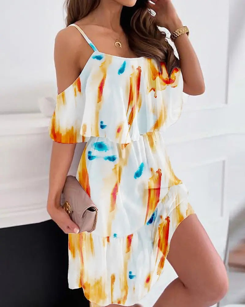 Robe à fleurs, avec volants et épaules dénudées Fudus pour femme